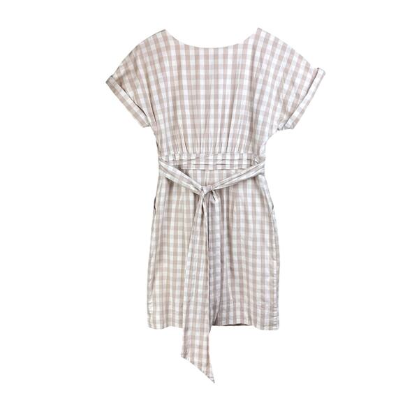 Anthropologie HD in Paris Beige Neutral Cream Gingham Belted Poplin Sheath Dress - Picture 9 of 15